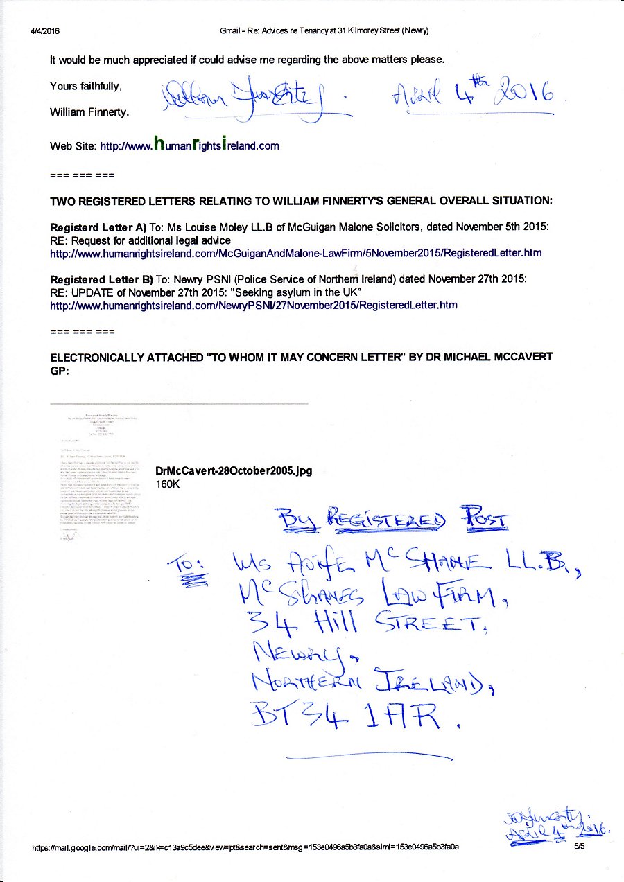 Registered Letter Dated April 4th 2016 to McShanes Law Firm, Newry